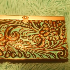 Patricia Nash tooled turquoise  brown St Croce clutch wallet